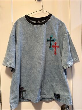 Supermade Women's Washed Blue Denim like Graphic Shirt with Cross Motif size L